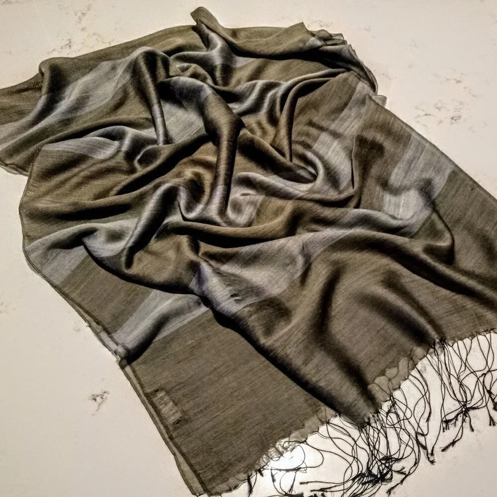Blue Taupe Striped Oblong Fringed Scarf Wrap